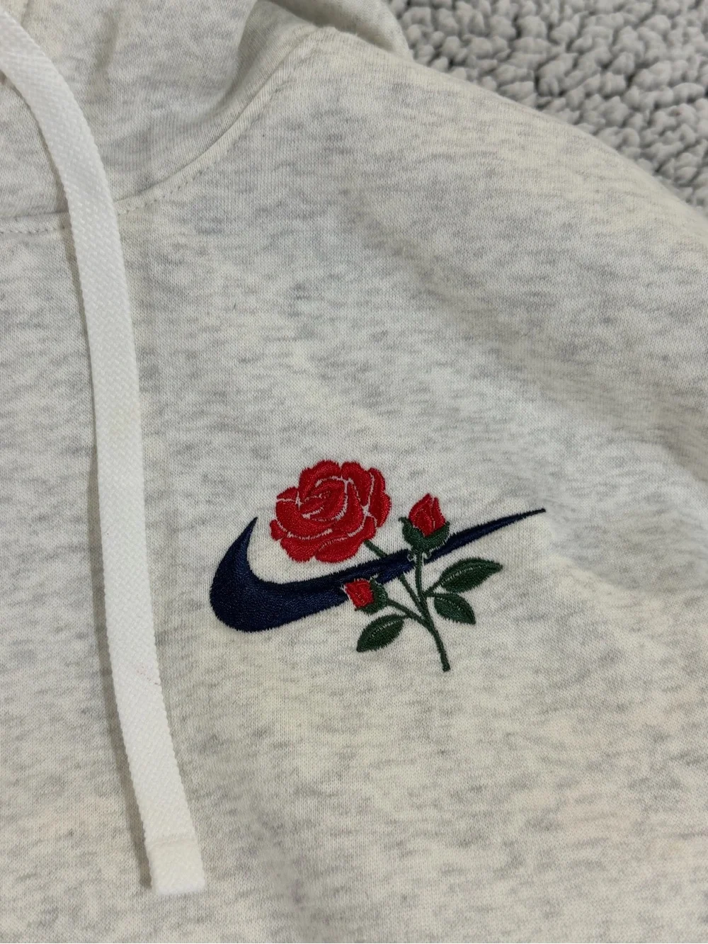 Nike Light Gray Hoodie with Red Rose and Navy Swoosh
